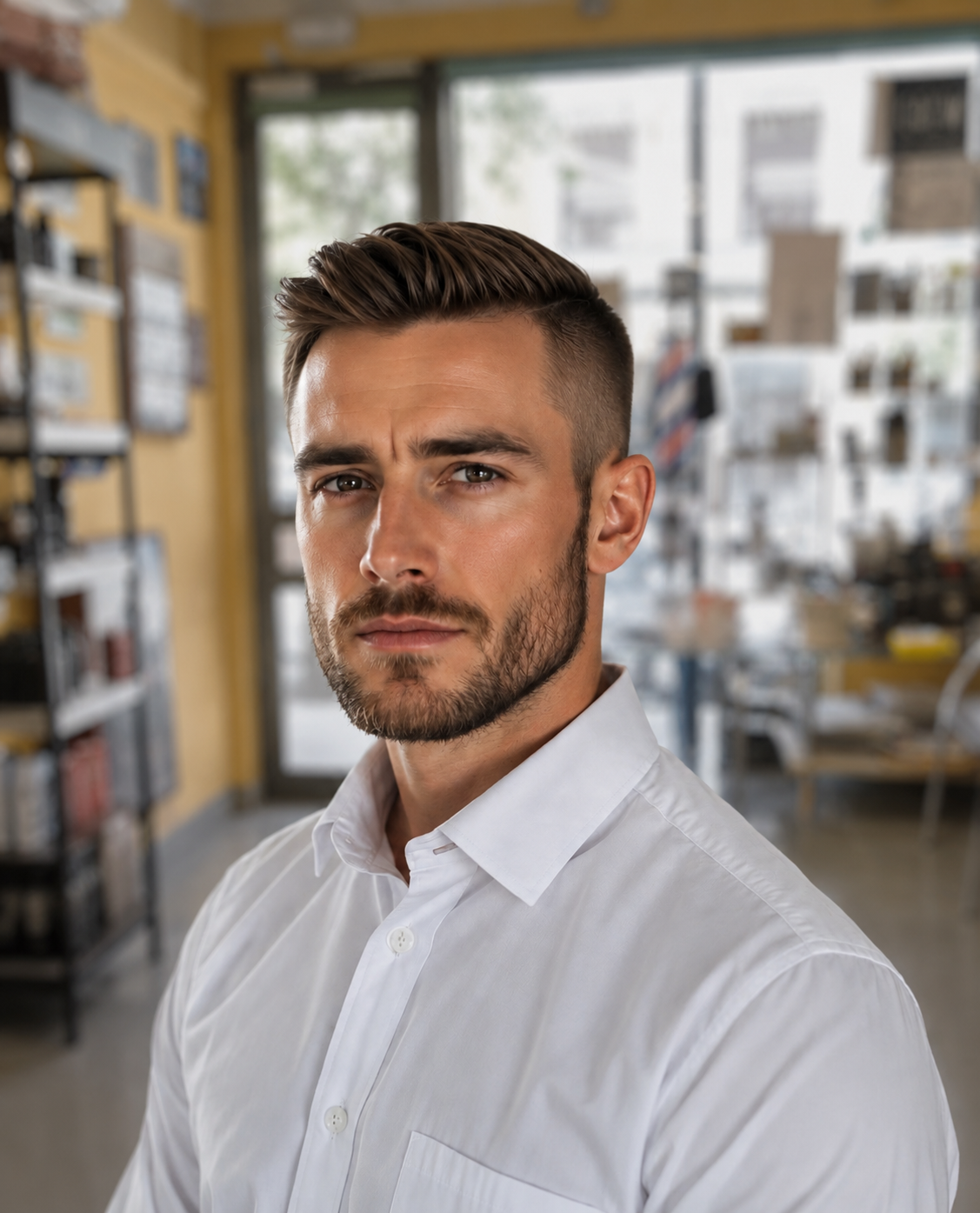 Hombre con corte de cabello moderno en la barbería de Nicolás Peluquero